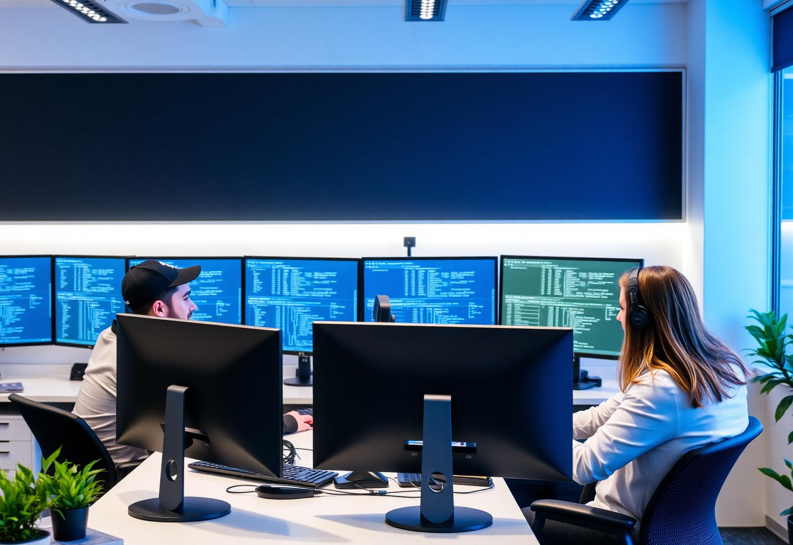 Software development team collaborating in a modern office